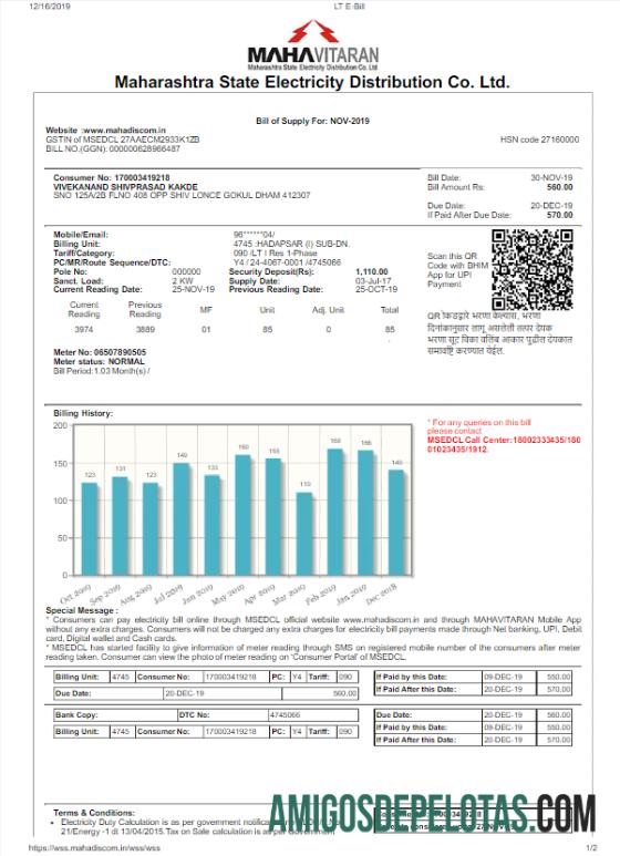 Em branco ÍNDIA MAHARASHTRA ELETRICIDADE Modelo Word e PDF de conta de serviços públicos